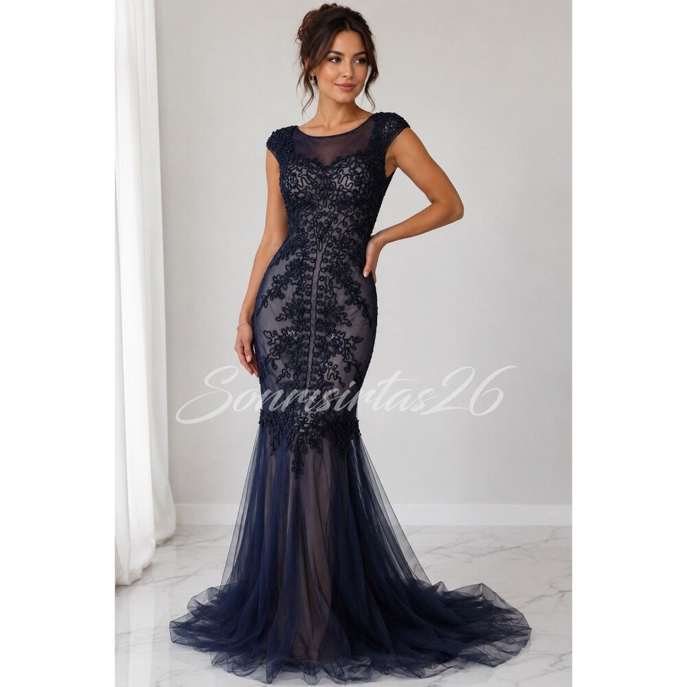GLS by Gloria Navy Embellished Beaded Mermaid Gown Size S Formal Glam Princess